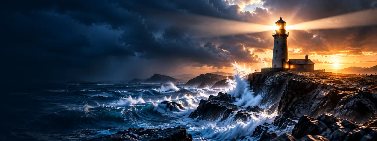 Lighthouse holding steady against a storm at dusk