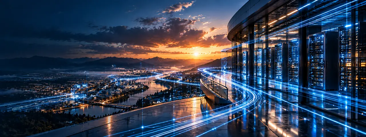 Data center connected by streams of light across a city